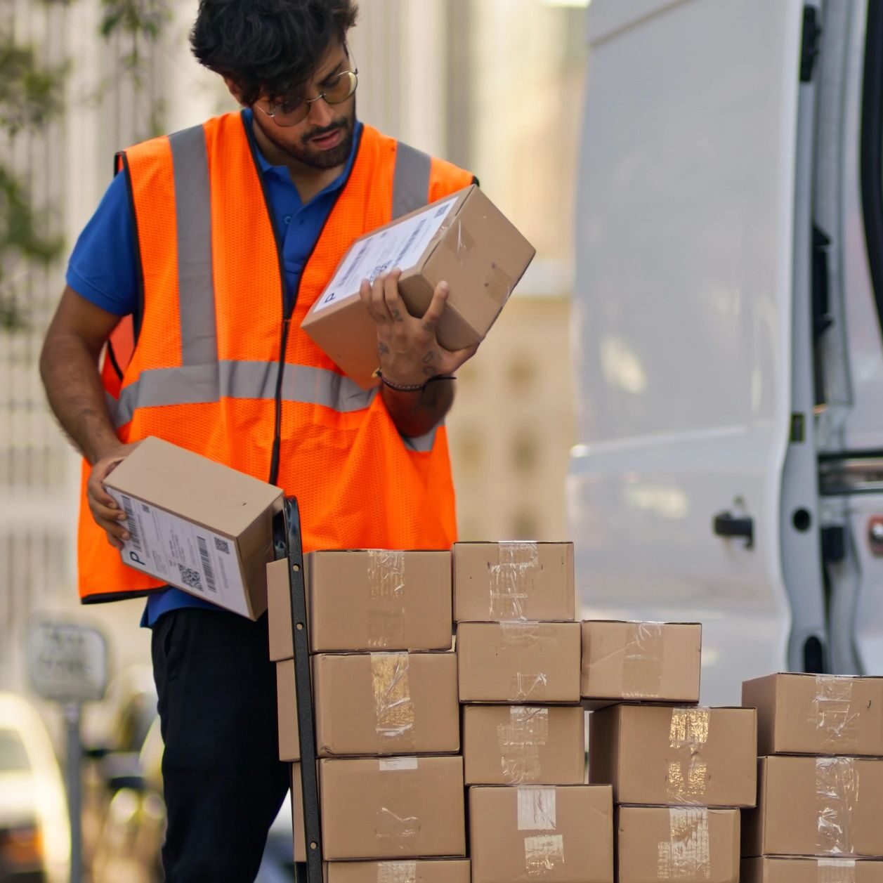 Medium Wide Shot of Delivery Person Looking at Boxes near Cart